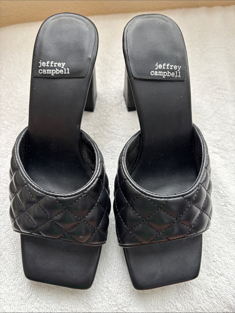 Jeffrey Campbell Black Quilted Square Toe Block Heel Mules